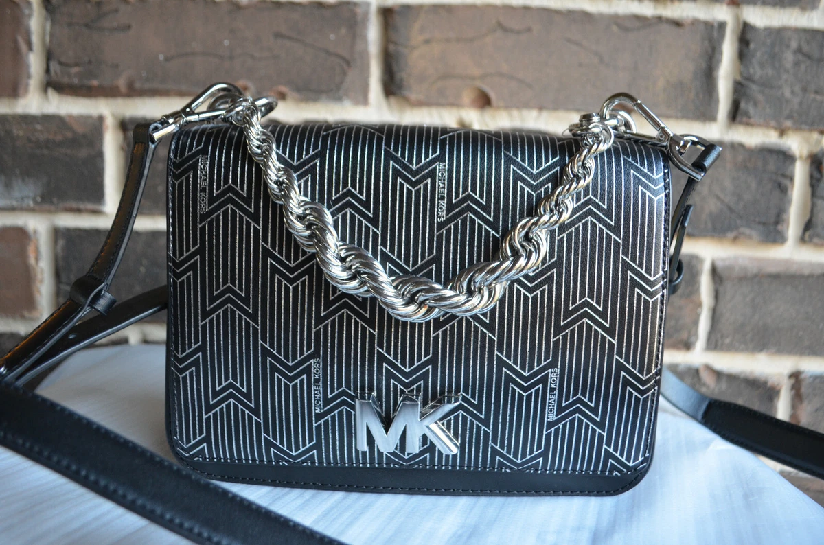 NWT $358 Michael Kors Mott Large Twisted Chain Swing Shoulder Bag Black  Silver