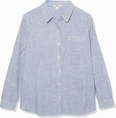 NWT Goodthreads Blue Classic Striped  Washed Cotton Long-Sleeve Boyfriend Shirt 