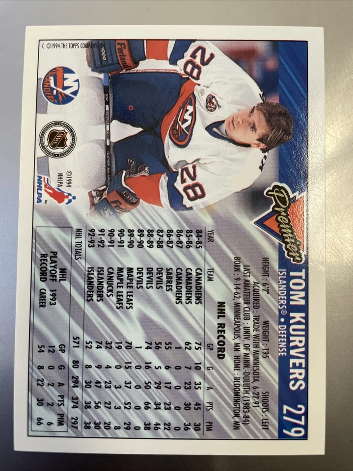 1993-94 (ISLANDERS) Topps Premier Gold #279 Tom Kurvers - Image 2 of 2