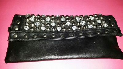 Womens black leather studded and jeweled diamonds purse handbag