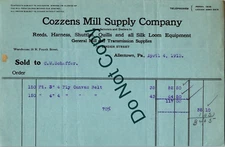 Vintage 1913 Cozzens Mill Supply Co Billhead Reeds Harness  ALLENTOWN PA 