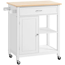 Rolling Kitchen Island Cart: Solid Wood Top, Storage Drawer, White