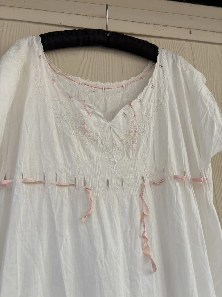 Antiguo Vestido de Noche Eduardiano Crema Algodón Césped Como Está 1900 1910 Boda🎀 Foto 4 de 4
