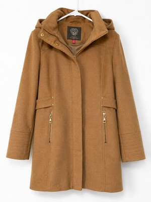 Vince Camuto Womens Brown Hooded Full Zip Coat w/ Zip Pockets XL Mid-Length