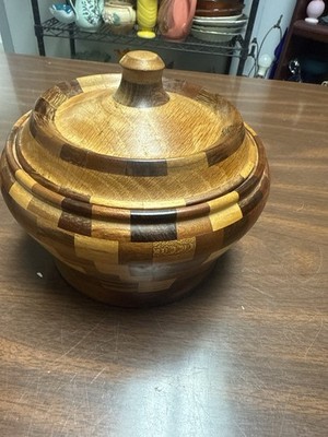 Handmade Segmented Wood Turned Lidded Bowl   Multi Wood Jar 5.5  x 3.5 