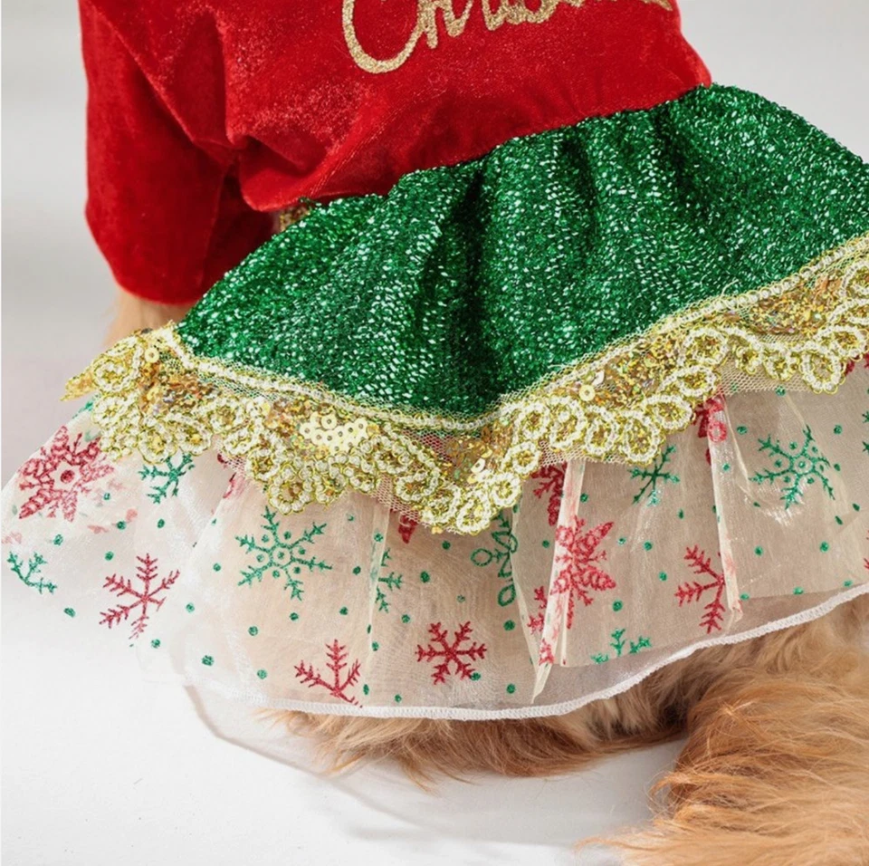 Vestido Navidad Perro - Rojo y Verde “Feliz Navidad” Conjunto con Dorado Talla M Foto 4 de 4