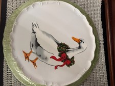 VTG Country Goose Platter 10" w Scalloped Green Rim, maybe Pier One