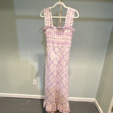 Ganni Purple & Cream Plaid Long Sundress Smocked Ruffle Straps Cotton Size 36