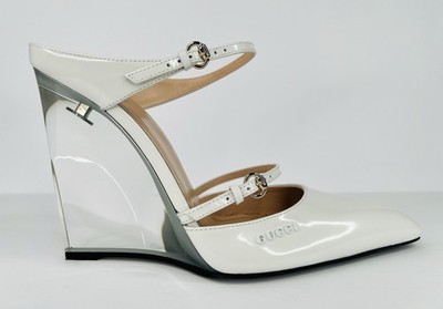 Gucci Christy Regent Snip Toe Clear Wedge Heel Strappy White Pumps Size EU 39