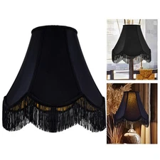 Black Silk Bell Lamp Shades Petal Edge Braid with Black Fringe Trim, 6"x13"x1...