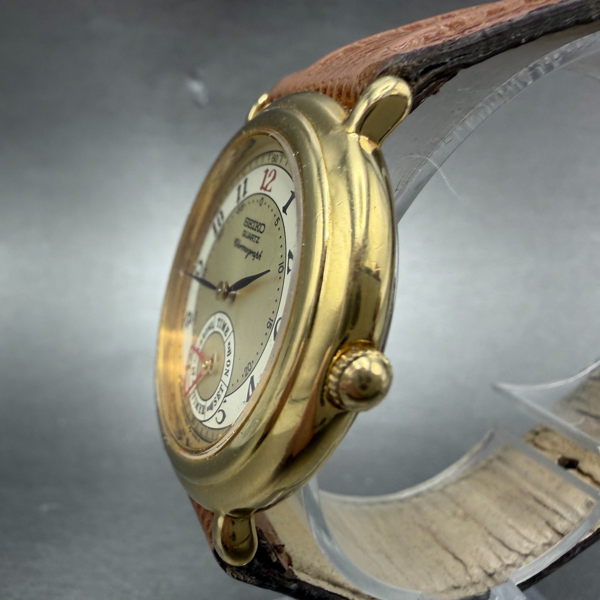 Seiko Watch Men 35mm Champagne Dial Gold Tone Alarm Chrono 8M25