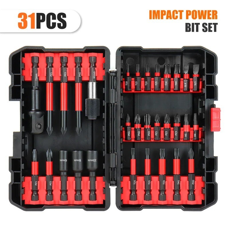 31pc Screwdriver Bit Set Torx Hex Cross Head Socket Bits 1/4 Drill Case