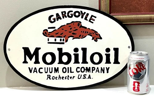 Vtg MOBILOIL Gargoyle Vacuum Oil Co Rochester USA 1 Sided Enamel Porcelain Sign