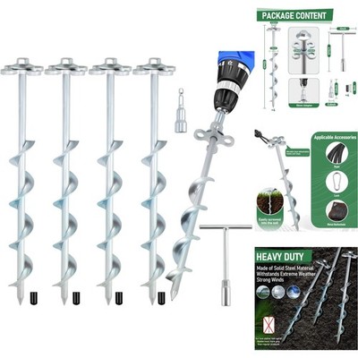 12'' Heavy Duty Ground Anchors - 4Pk Spiral Screw-In Tent Stakes Trampoline Shed