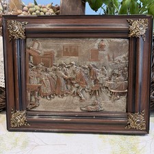 Fine Antique 19thc Repousse Plaque, Copper/Silver, Pictorial Tavern Scene, VGC