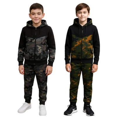 KRAFTD Kids Boys Camouflage Tracksuit Hooded Top Bottom Zip Track Hoodi Jog Suit 5-14