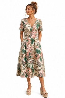 Woolovers 100% Linen Button Front Midi Dress Tropical Floral V Neck Pockets 12