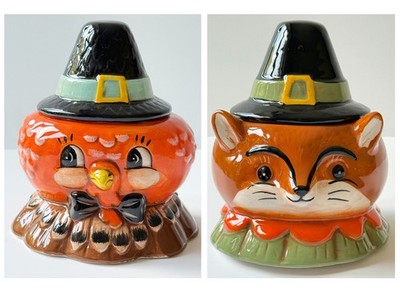 2pc Johanna Parker Thanksgiving Fox and Turkey Pilgrim Critter Bowl Canister NEW