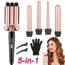 5 in 1 Curling Wand Set 3 Barrel Hair Crimper w/ 4 Curling Iron LED Temp Control