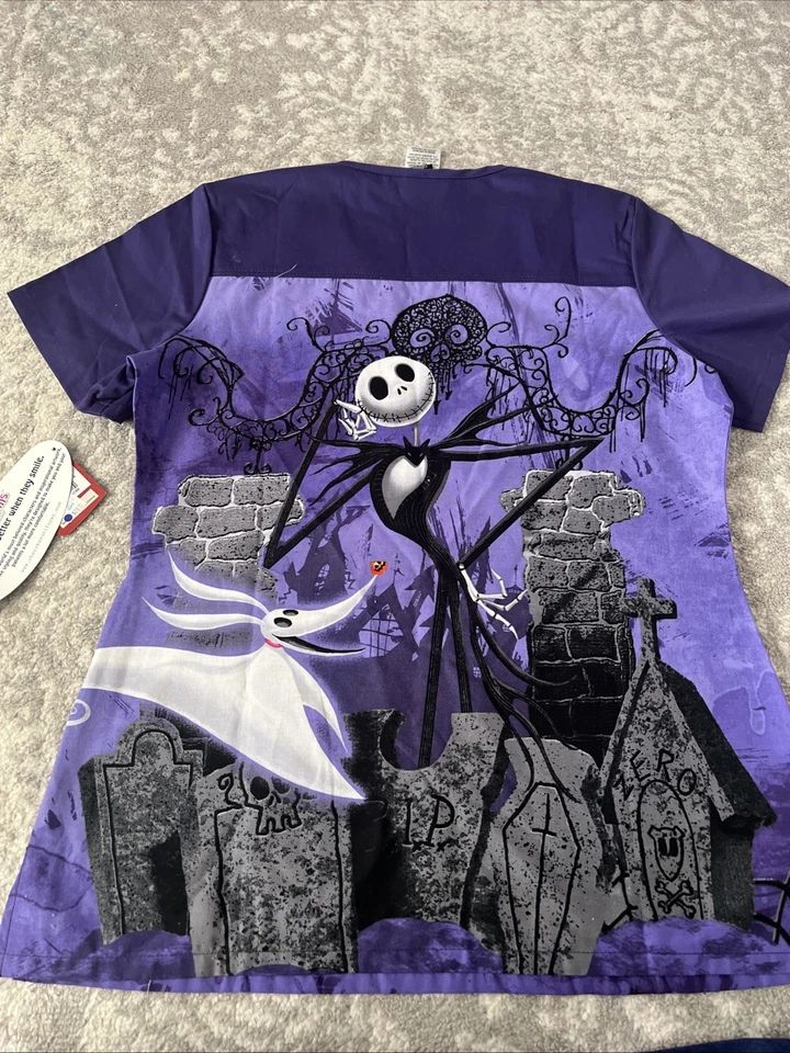 Disney Nightmare Before Christmas Womens Scrub Top Purple Sz Small Double Sided - Image 4 of 4