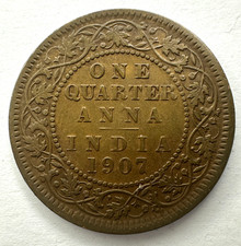 1907 British India 1/4 Anna Coin, Bronze, 25.3mm, F Fine