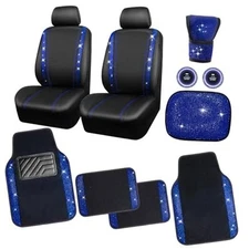  Bling Diamond Car Seat Covers Rhinestone Black Leather Shining Car Floor Blue