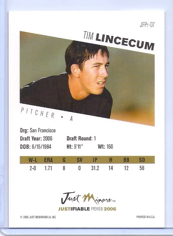 TIM LINCECUM 2006 JUST MINORS JUSTIFIABLE ROOKIE CARD! - Image 2 of 2