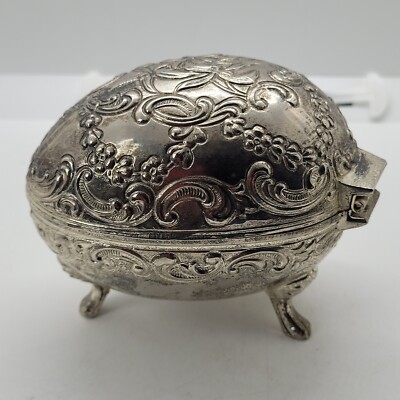 Vintage Jewelry Box Silver Egg Shaped Flowers Embossed Footed Trinket Box