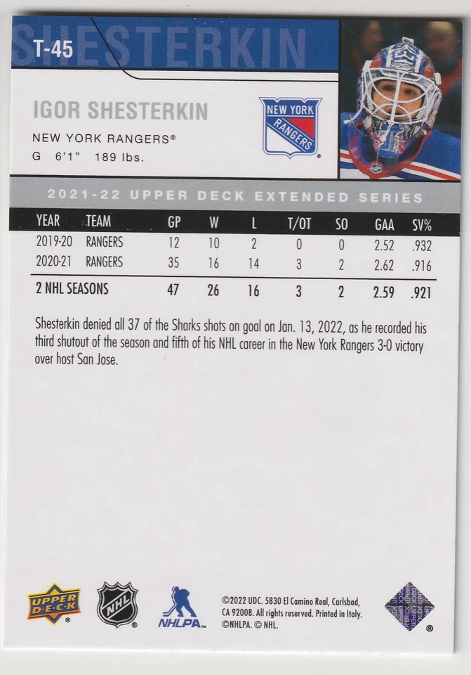 2021-22 UD Extended Series Igor Shesterkin 06-07 UD Retro T-45 New York Rangers - Image 2 of 2
