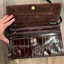 Vintage Chocolate Brown Eel skin Genuine Slim Shoulder Bag compartments