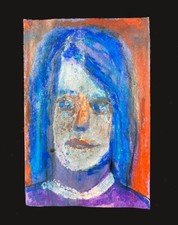 Woman Portrait Painting Naive Abstract 4x6 Blue Purple Expressive Wall Art