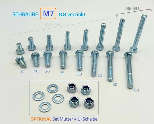 DIN 933 Schraube M7x12, M7x16, M7x20, M7x25 verz. Kl.8 optional Mutter+Scheibe - 第 1/6 張圖片