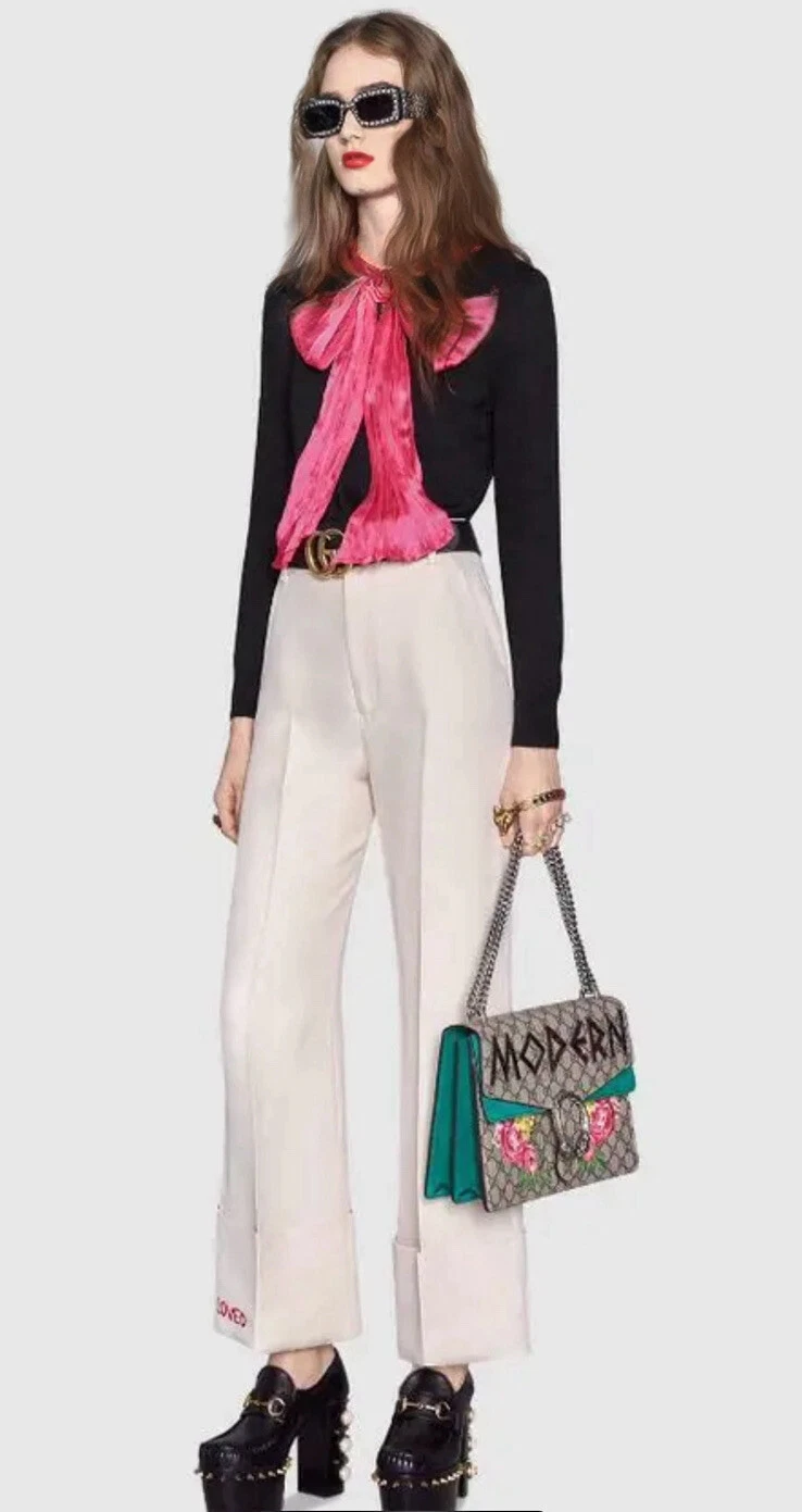 2K Nuovo Gucci 2017 Barbie Nero Rosa Lucido Fiocco Maglione 40 42 4 6 Top Jacket S M