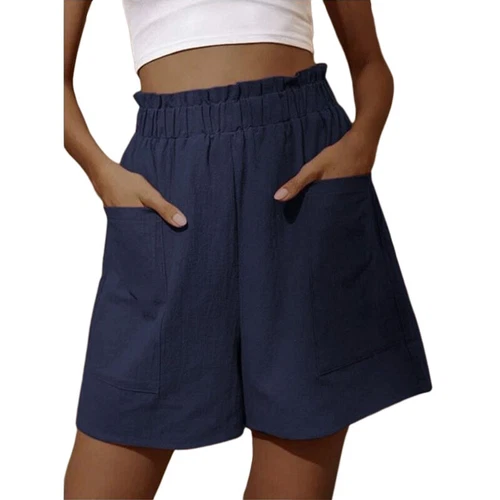 Womens Elastic Waist Casual Shorts Ladies Cotton Linen Pocket Summer Short Pants - Picture 6 of 17