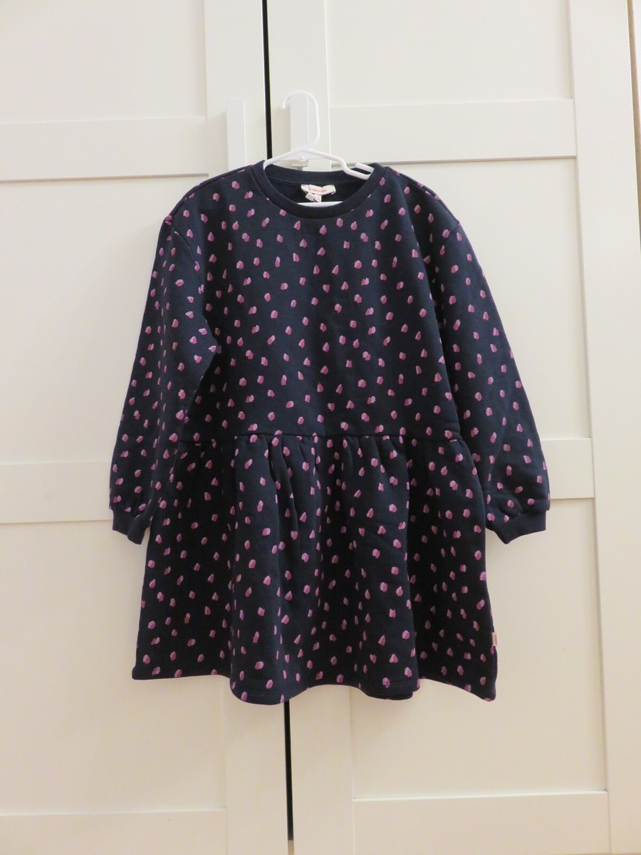 $78 Catimini Girls navy blue fleece sweatshirt dress dotted print