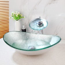 Silve Bathroom Oval Tempered Glass Vessel Sink Pop-up Drain Faucet Combo Set Tap