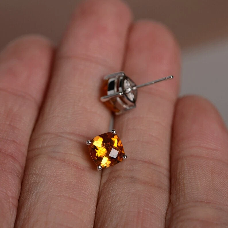 Natural Citrine Cushion Stone 925 Sterling Silver Women Designer Stud Earrings - Image 2 of 4