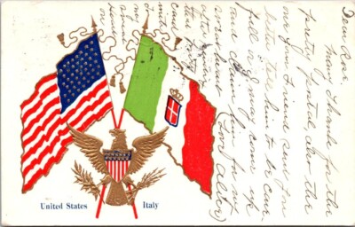 US Flag United States Italy Gold Gilt Eagle Shield Patriotic 1907 postcard JP12