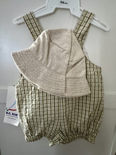Vintage BT Kids Shortall Overalls 3-6 Mths Kitty Puppy Tan Plaid Gingham W/ Hat - Picture 3 of 6