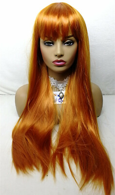 Long Straight Wig With Flat Bangs Synthetic Orange Color  display picture 1