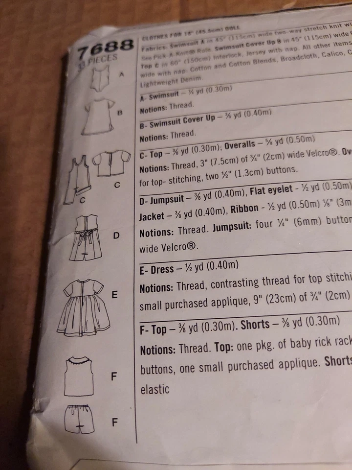 Vintage 1977 Simplicity Pattern #7688 Uncut/Cut 18" DOLL CLOTHES - Image 4 of 4