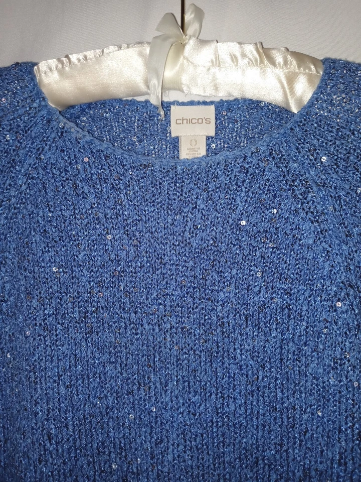 Suéter Chico's 0 Lentejuelas Brillo Palomitas Tejido Elástico Túnica Top Foto 3 de 4