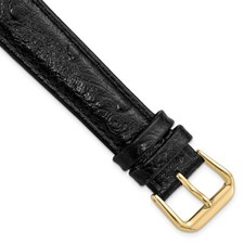 18mm 7.5" Black Ostrich-Style Grain Leather Gold-tone Buckle Watch Band