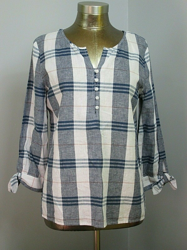 NWT Liz Claiborne Blue Plaid Top Womens S Chest 41 3/4 Sleeve V-Neck 211-24246