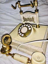 Antique Rotary Telephone Ivory With Brass WORKING Vintage w/Phone Cord