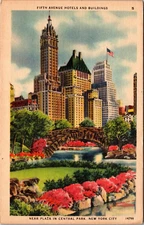 New York City Fifth Avenue Hotels Buildings Plaza Central Park Linen Postcard 7H