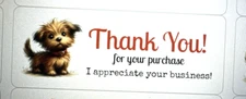 30 THANK YOU LABELS STICKERS SEALS BROWN PUPPY DOG EBAY SELLER 1" x 2 5/8"