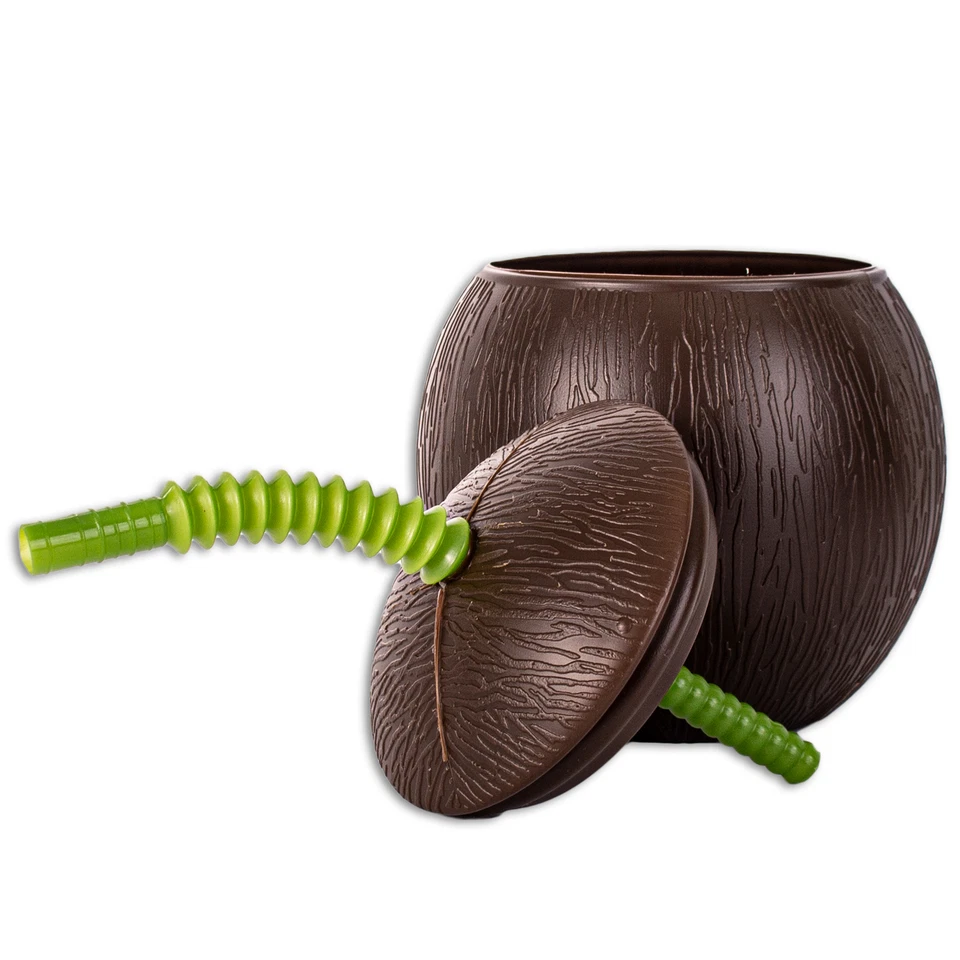 2 Pack Luau Coconut Shape Resuable 18 oz. Party Cups w Straw, Brown - Image 4 of 4