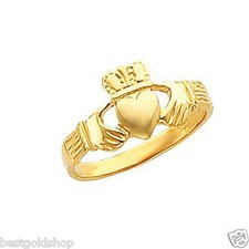 Irish Celtic Claddagh Band Ring Real Solid 14K Yellow Gold