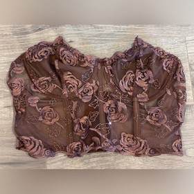 Romwe Floral Embroidered Mesh Corset Top Brown Wired Bustier Size M Sheer